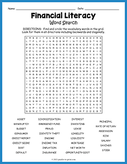 Free printable Financial Literacy Word Search puzzle worksheet