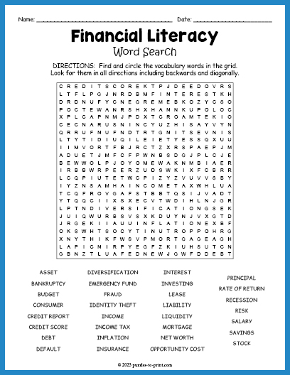 Financial Literacy Word Search