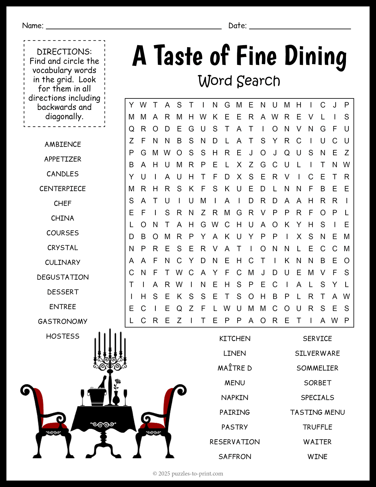 Fine Dining Word Search