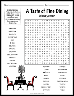 Free printable Fine Dining Word Search puzzle worksheet