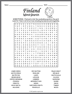 Free printable Finland Word Search puzzle worksheet