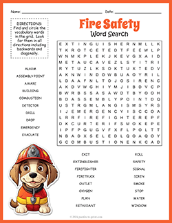 Free printable Fire Safety Word Search puzzle worksheet