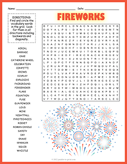 Free printable Fireworks Word Search puzzle worksheet