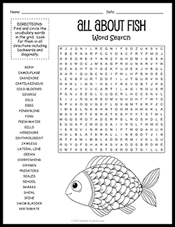 Free printable Fish Word Search puzzle worksheet