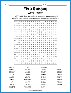 Free printable Five Senses Word Search puzzle worksheet