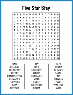 Free printable Five Star Stay Word Search puzzle worksheet