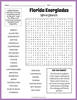 Free printable Florida Everglades Word Search puzzle worksheet