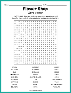 Free printable Flower Shop Word Search puzzle worksheet