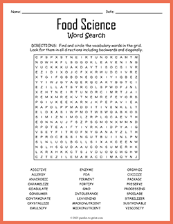 Free printable Food Science Word Search puzzle worksheet