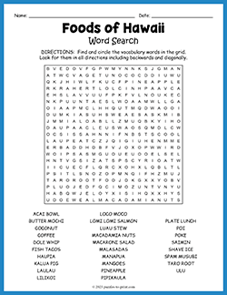 Free printable Foods of Hawaii Word Search puzzle worksheet