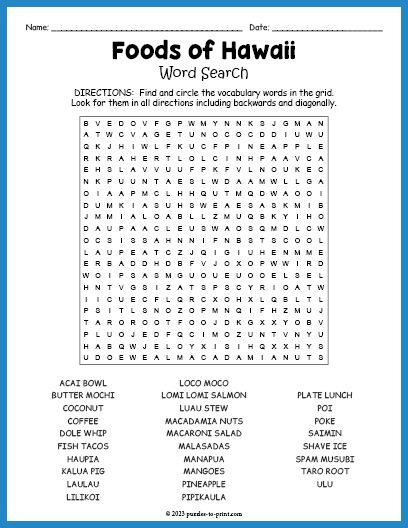 Foods of Hawaii Word Search