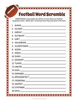 Free printable Football Word Scramble puzzle worksheet