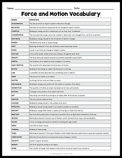 Printable force and motion vocabulary list and definitions