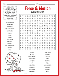Free printable Force and Motion Word Search puzzle worksheet