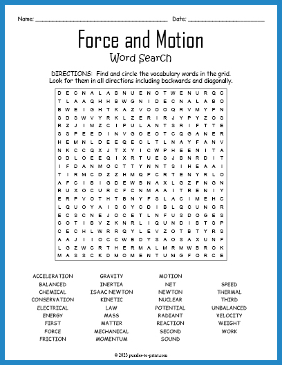 Force and Motion Word Search