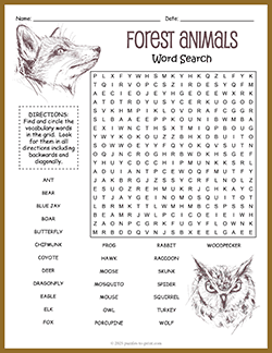 Free printable Forest Animals Word Search puzzle worksheet