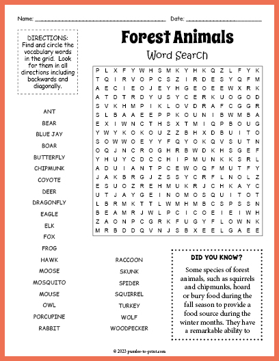 Forest Animals Word Search