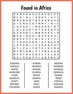 Free printable Found in Africa Word Search puzzle worksheet