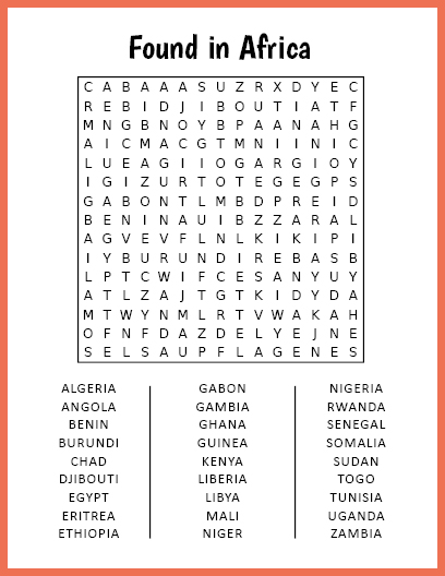 Found in Africa Word Search