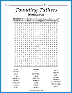 Free printable Founding Fathers Word Search puzzle worksheet