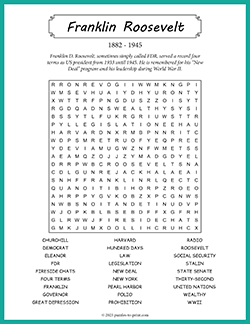 Free printable Franklin Roosevelt Word Search puzzle worksheet