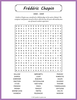 Free printable Frédéric Chopin Word Search puzzle worksheet
