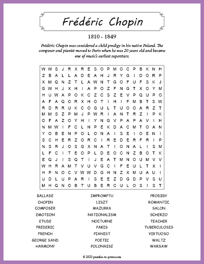 Frederic Chopin Word Search