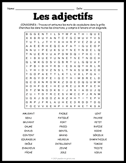 Free printable French Adjectives Word Search puzzle worksheet