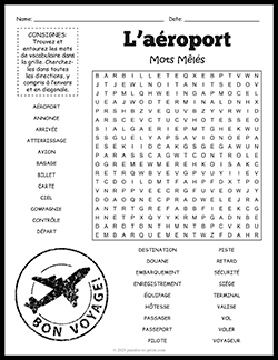 Free printable French Airport Vocabulary Word Search puzzle worksheet