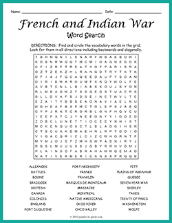 Free printable French and Indian War Word Search puzzle worksheet
