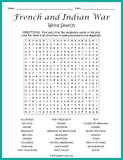 French and Indian War Word Search