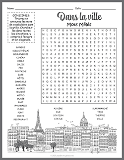 Free printable French City Vocabulary Word Search puzzle worksheet