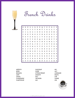 Free printable French Drinks Word Search puzzle worksheet