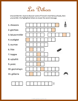 Free printable French Food Word Scramble puzzle worksheet