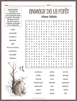Free printable French Forest Animals Word Search puzzle worksheet