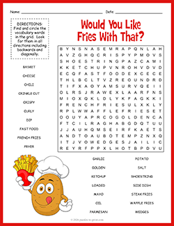 Free Printable French Fries Word Search Puzzle Worksheet