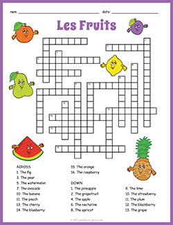 Free printable French Fruits Crossword puzzle worksheet