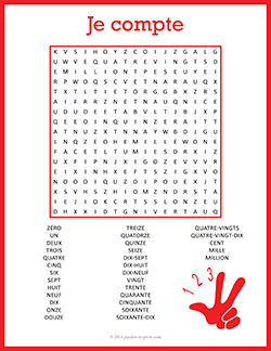 Free printable French Numbers Word Search puzzle worksheet