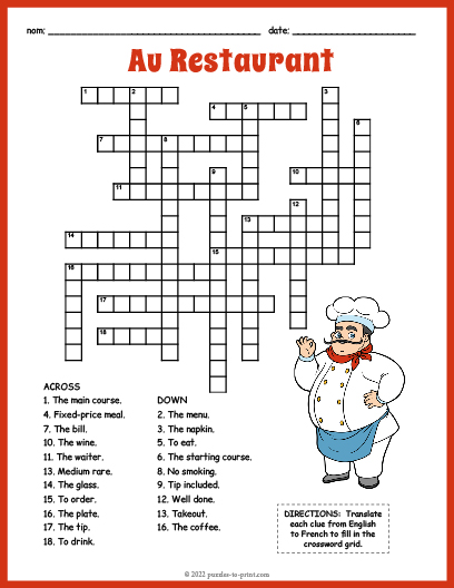 French Restaurant Crossword