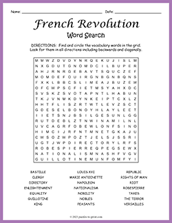 Free printable French Revolution Word Search puzzle worksheet