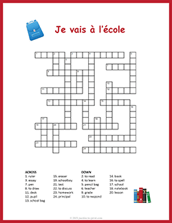 Free printable French School Crossword puzzle worksheet