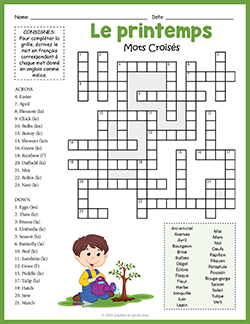 Free printable French Spring Crossword puzzle worksheet