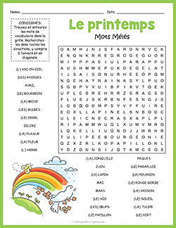 Free printable French Spring Word Search puzzle worksheet