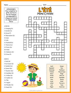 Free printable French Summer Crossword puzzle worksheet