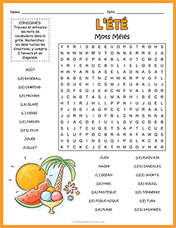 Free printable French Summer Word Search puzzle worksheet