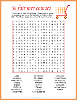 Free printable French Supermarket Word Search puzzle worksheet