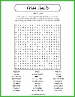 Free printable Frida Kahlo Word Search puzzle worksheet
