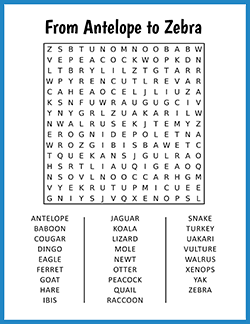 Free printable From Antelope to Zebra Word Search puzzle worksheet