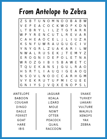 From Antelope to Zebra Word Search
