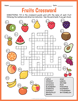 Free printable Fruits Crossword puzzle worksheet